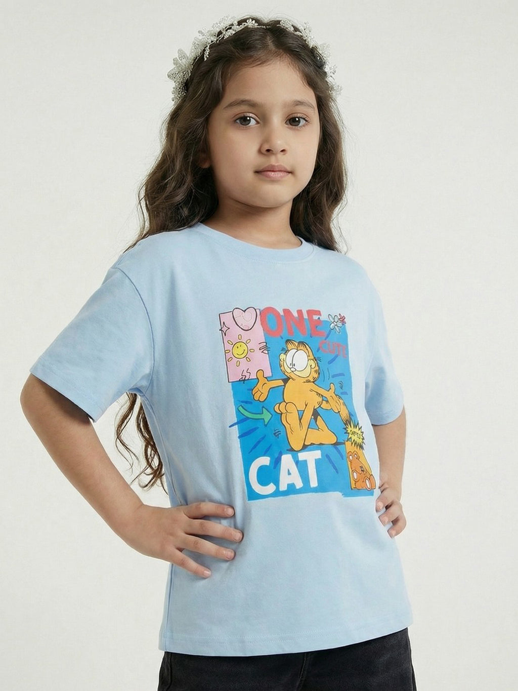 Garfield Cute Cat Graphic Print Light Blue Kids  T-Shirt