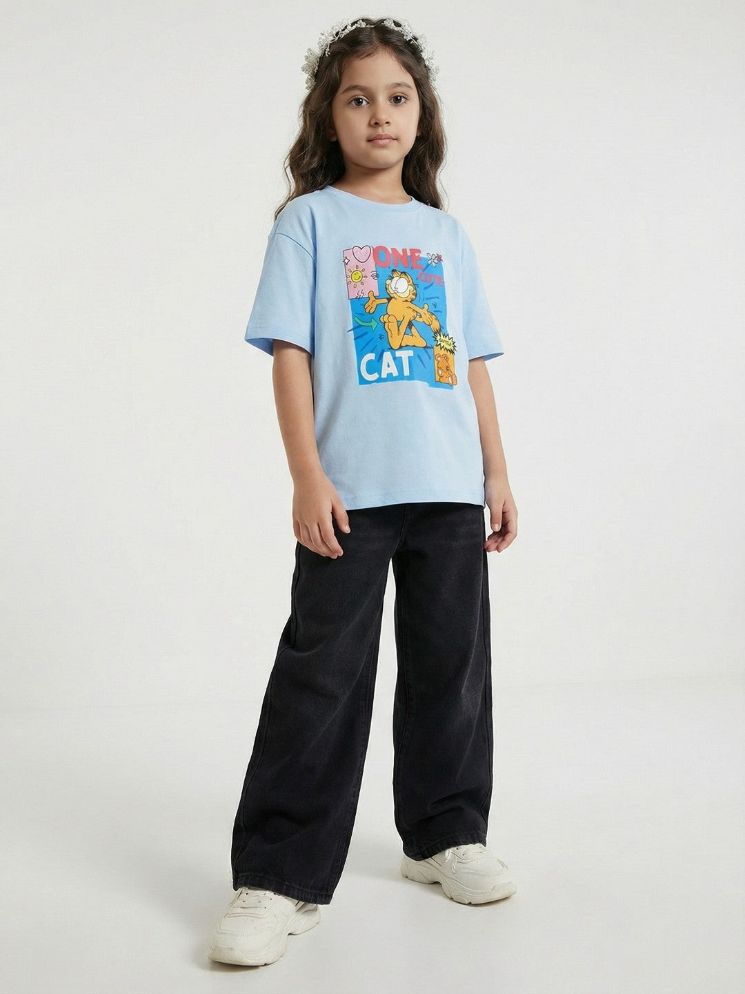 Garfield Cute Cat Graphic Print Light Blue Kids  T-Shirt