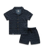 navy geometrical boys shirt with shorts