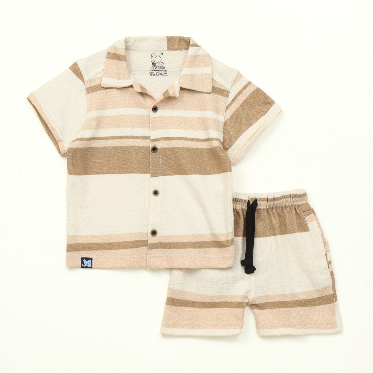 Beige Multi Stripe Kids Boys Shirt & Shorts Set 