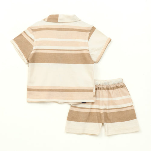 Beige Multi Stripe Kids Boys Shirt & Shorts Set 