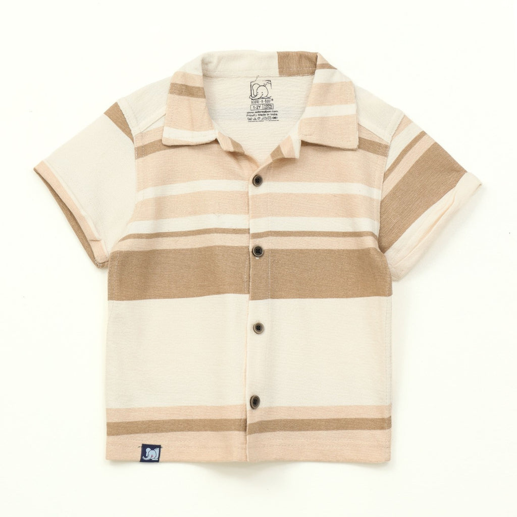 Beige Multi Stripe Kids Boys Shirt & Shorts Set 