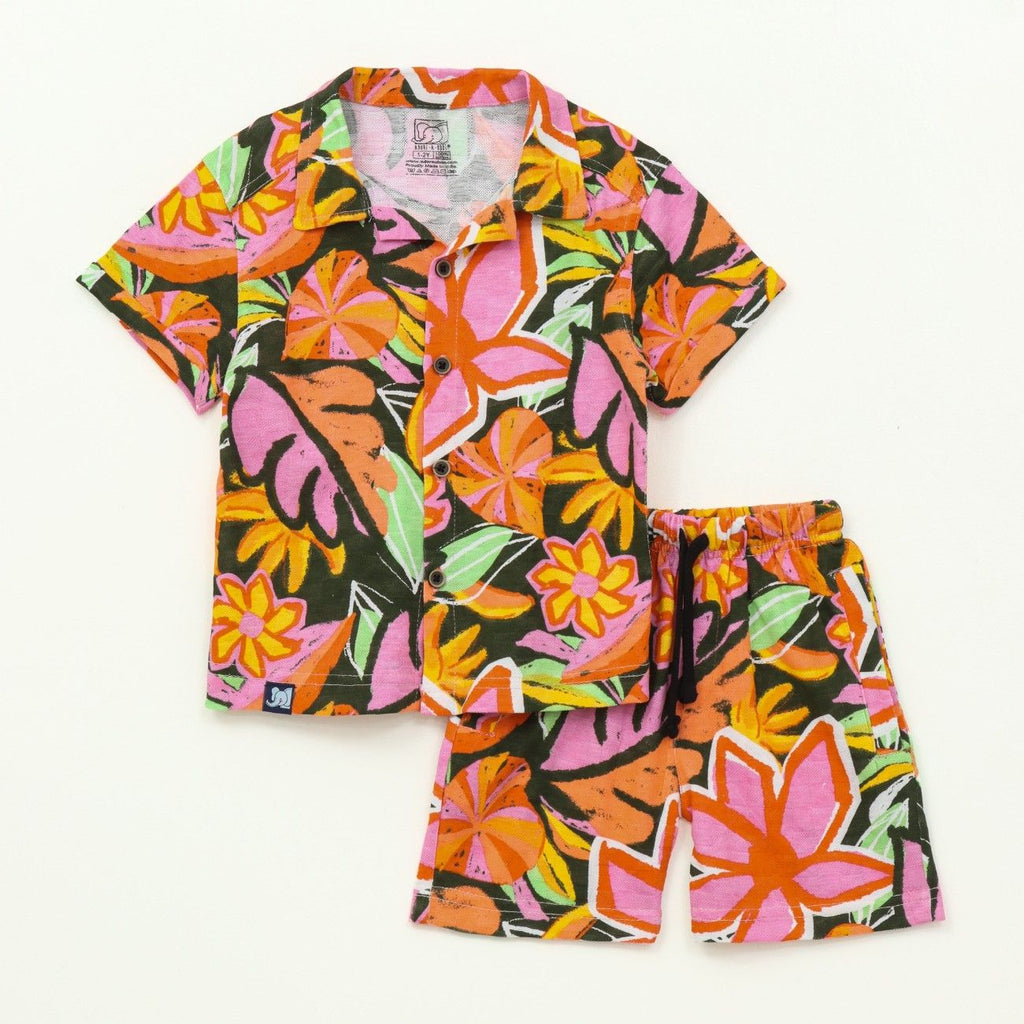 Tropical Floral Print Kids Boys Shirt & Shorts Set