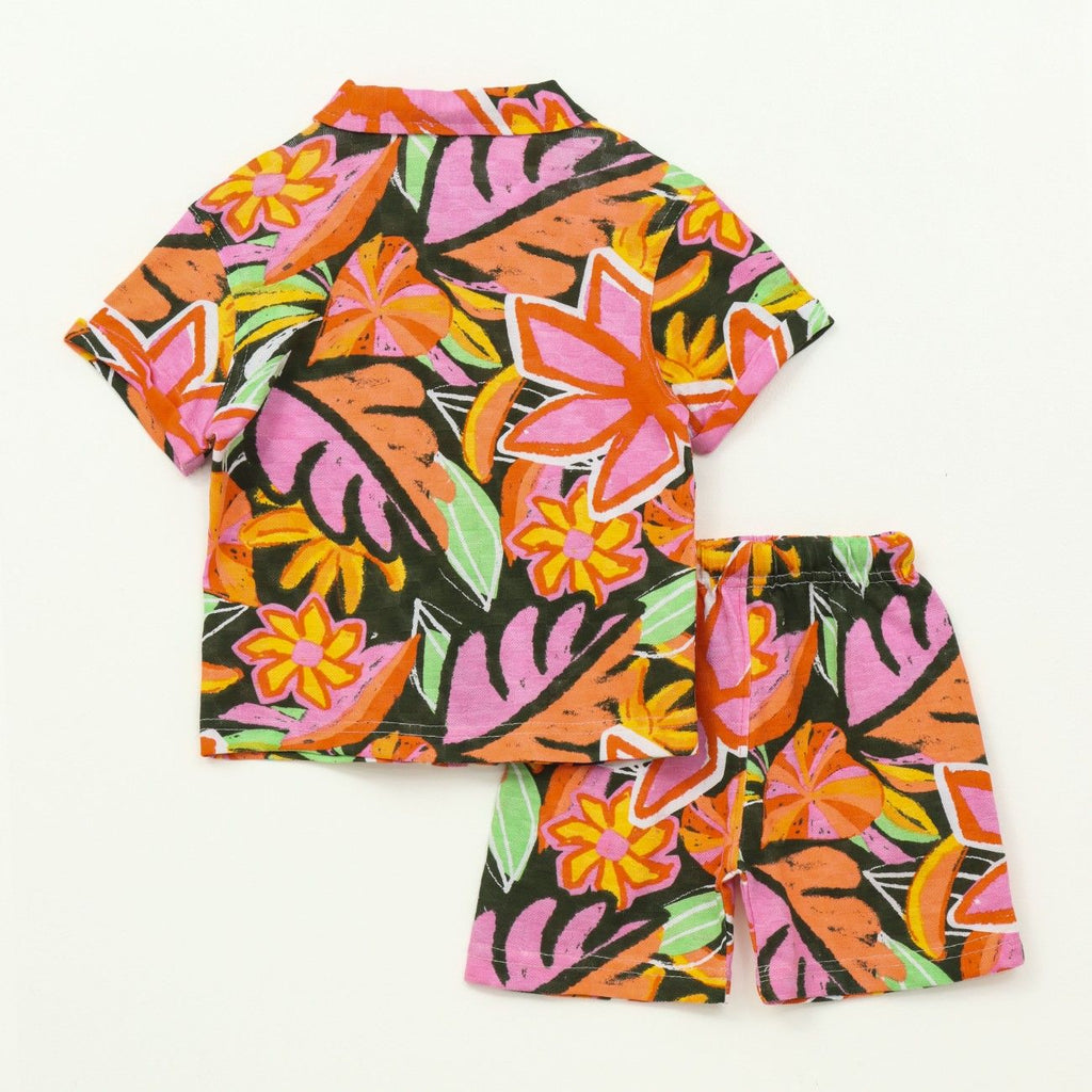 Tropical Floral Print Kids Boys Shirt & Shorts Set