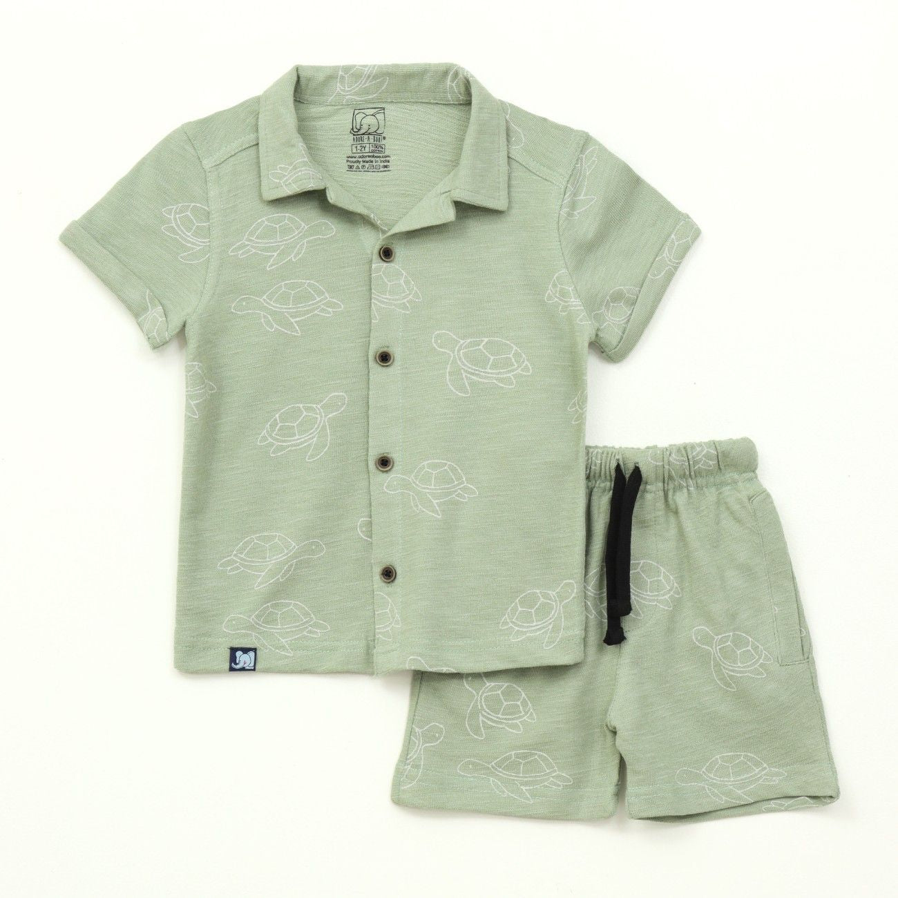 Sage Green Turtle Print Kids Boys Shirt & Shorts Set