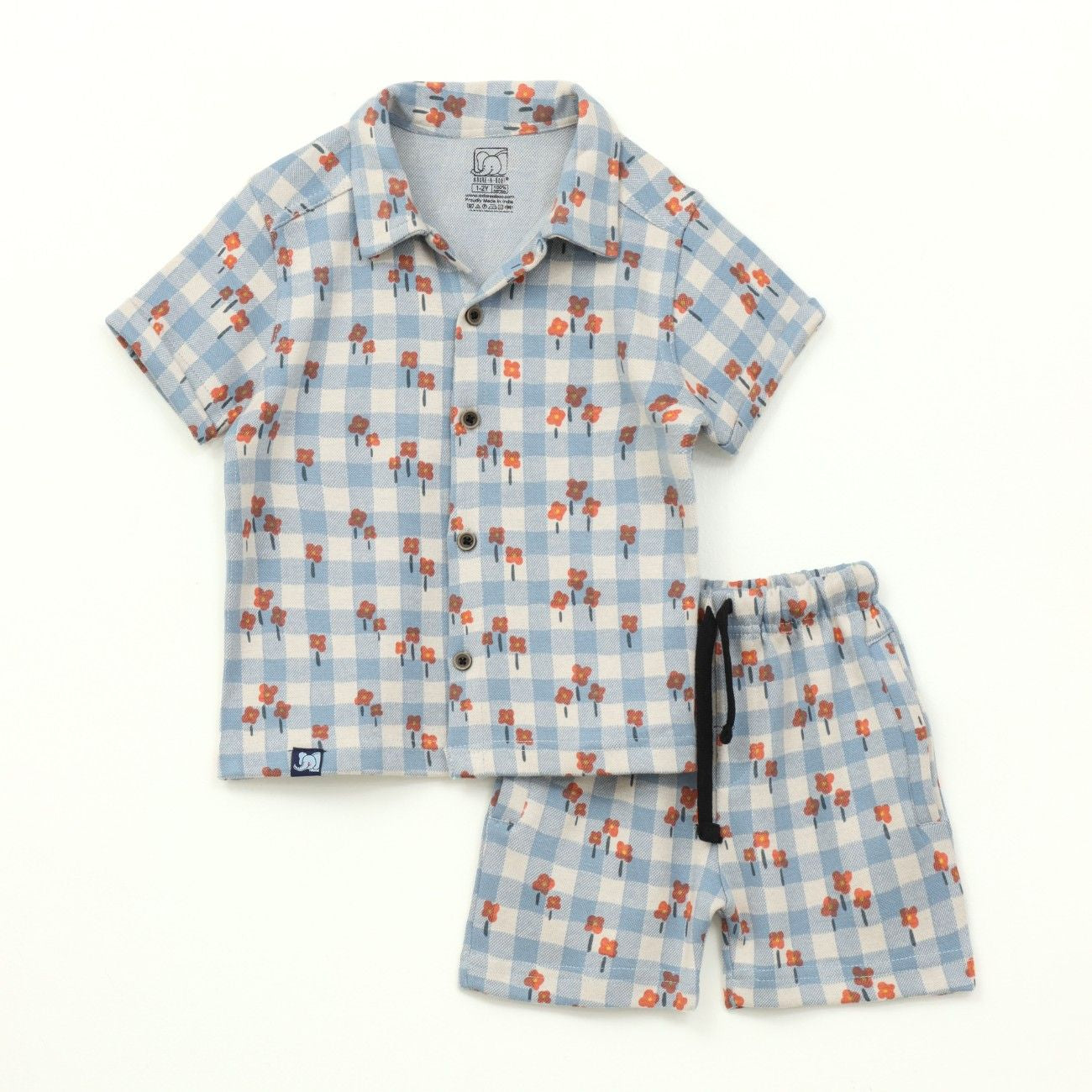 Blue Gingham Floral Kids Boys Shirt & Shorts Set
