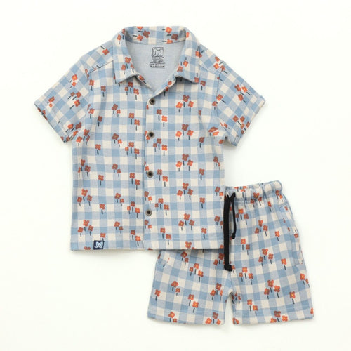 Blue Gingham Floral Kids Boys Shirt & Shorts Set