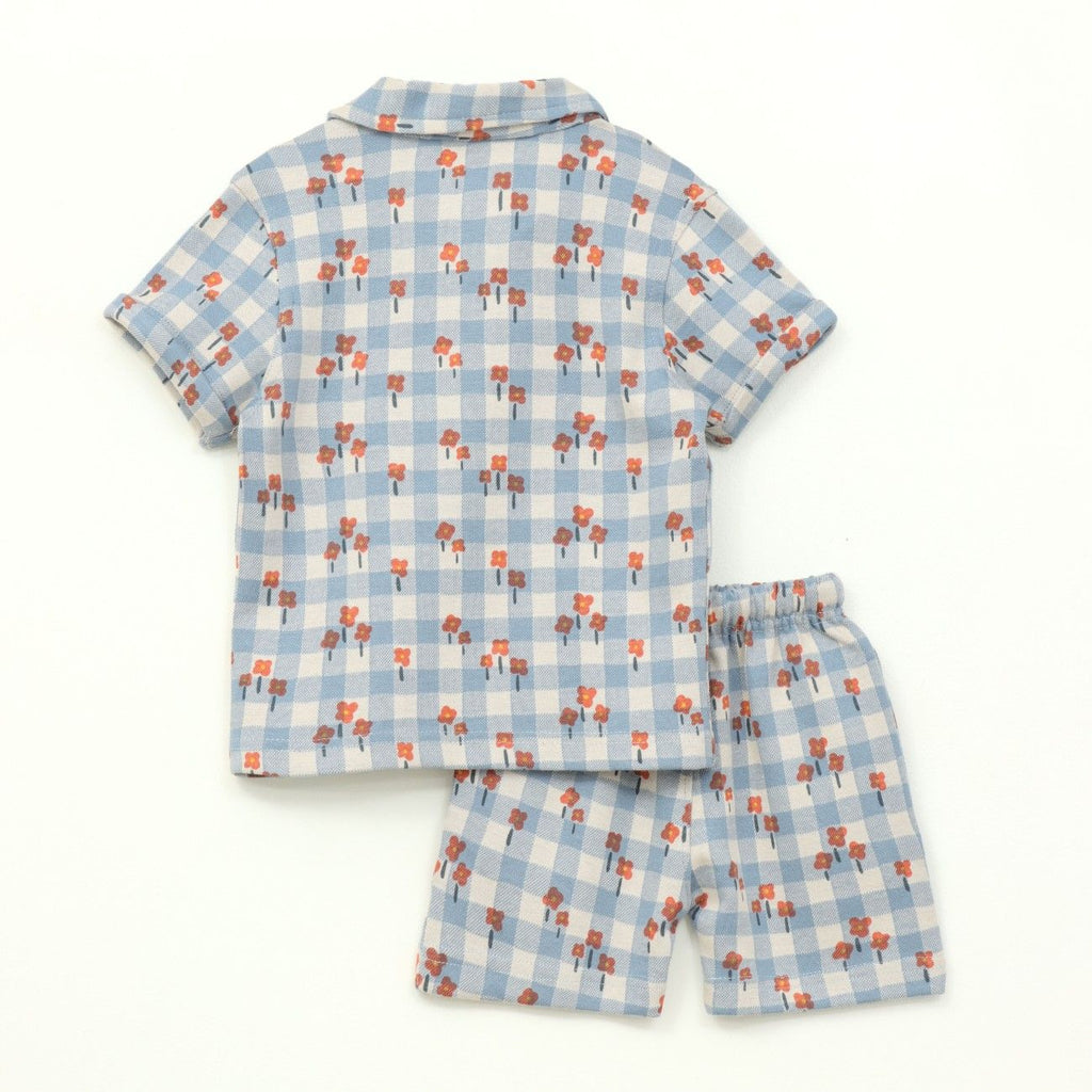 Blue Gingham Floral Kids Boys Shirt & Shorts Set