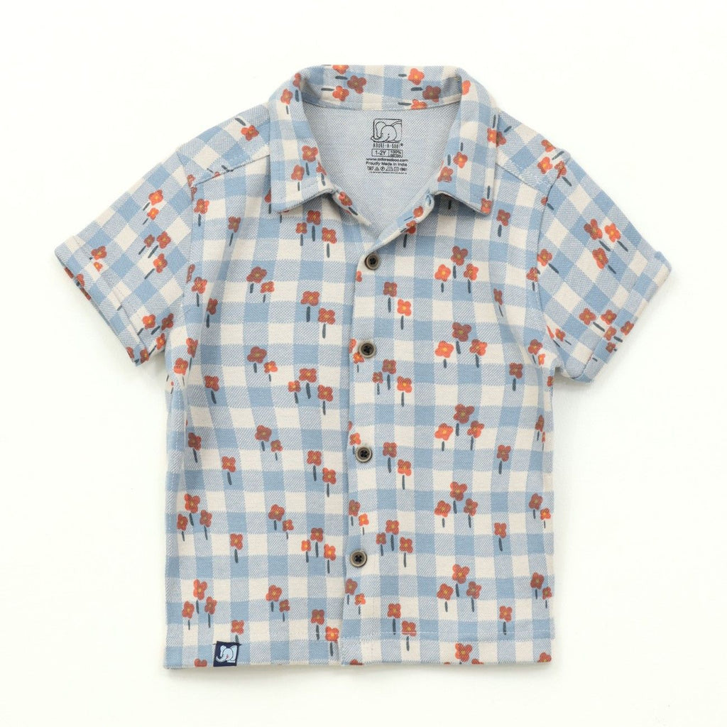 Blue Gingham Floral Kids Boys Shirt & Shorts Set