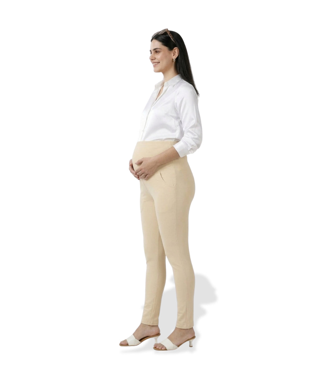 Beige Cotton Over Belly Maternity Leggings with Pocket