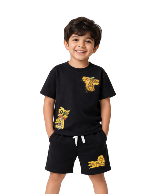 Black Garfield Graphic Kids T- Shirt and Shorts Set