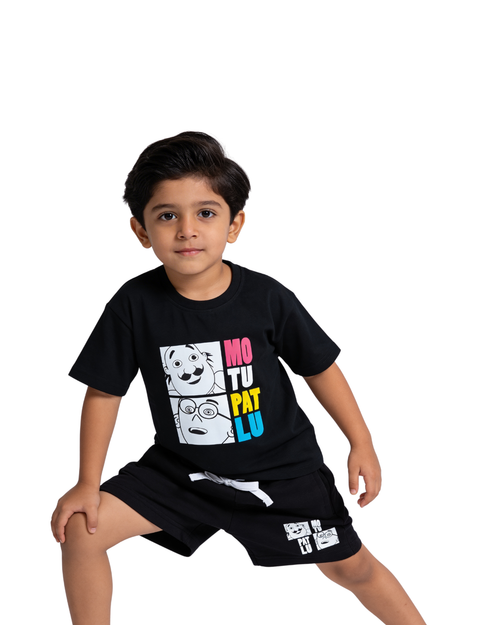 Black Motu Patlu Cartoon Kids T- Shirt and Shorts Set
