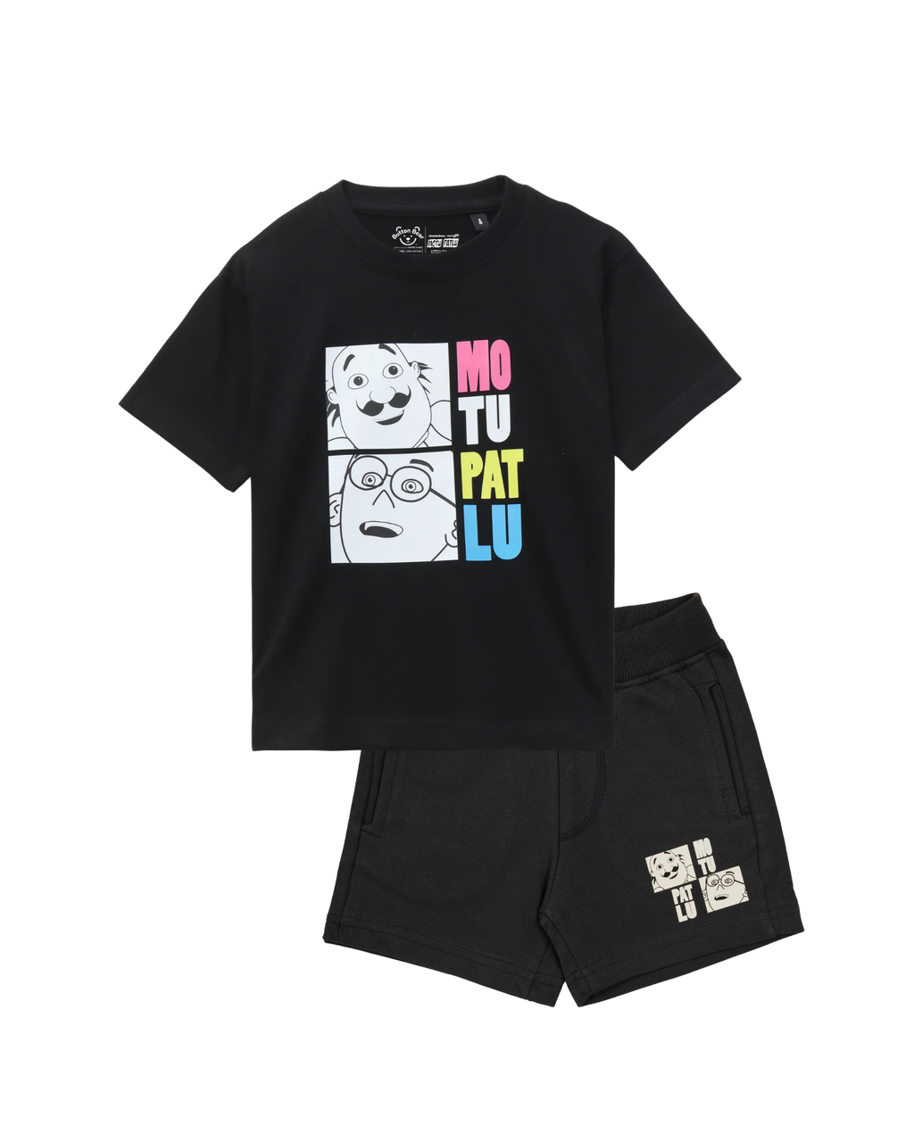Black Motu Patlu Cartoon Kids T- Shirt and Shorts Set
