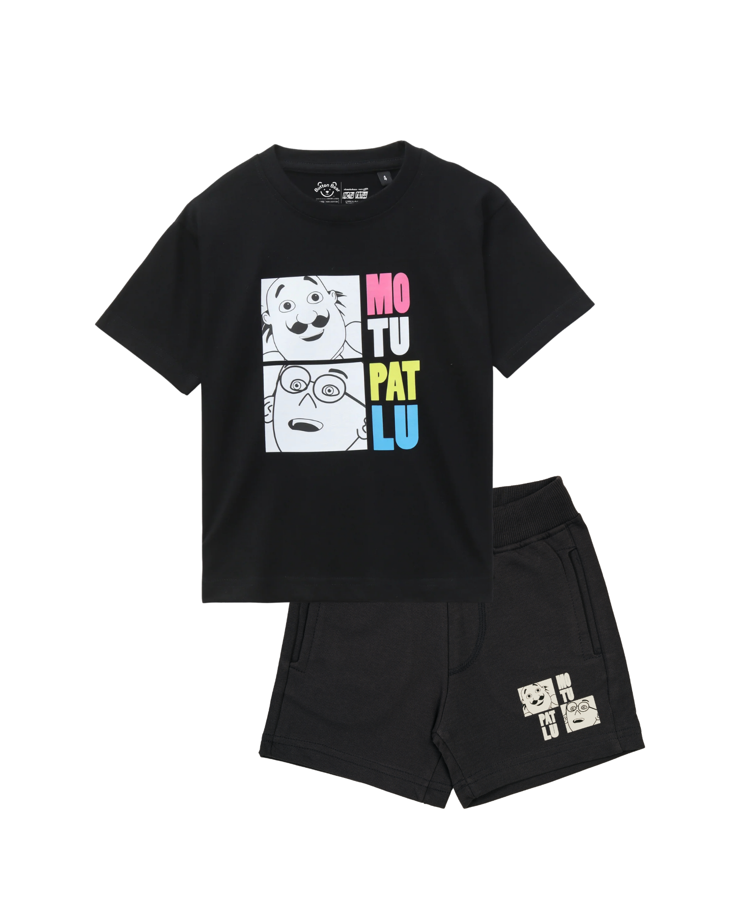 Black Motu Patlu Cartoon Kids T- Shirt and Shorts Set