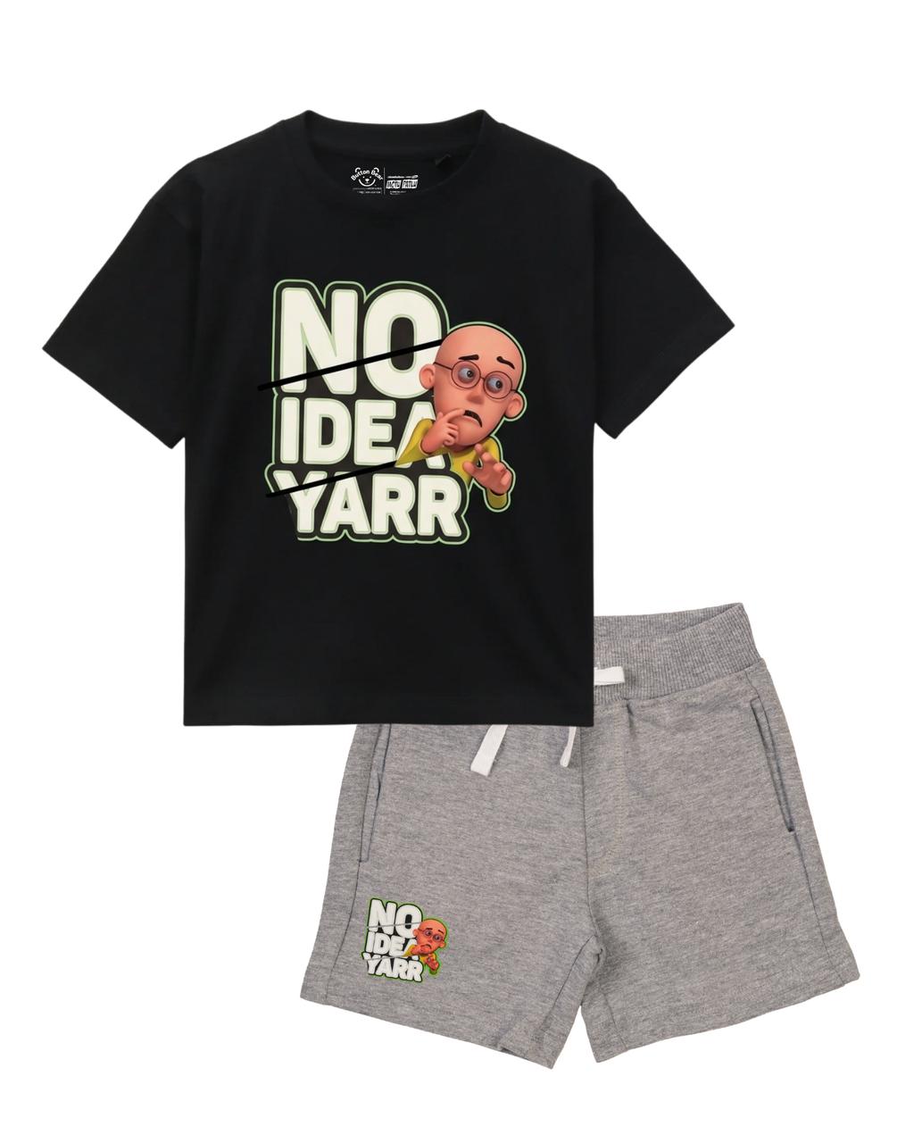 Black “No Idea Yaar” Motu Patlu Kids T- Shirt and Shorts Set