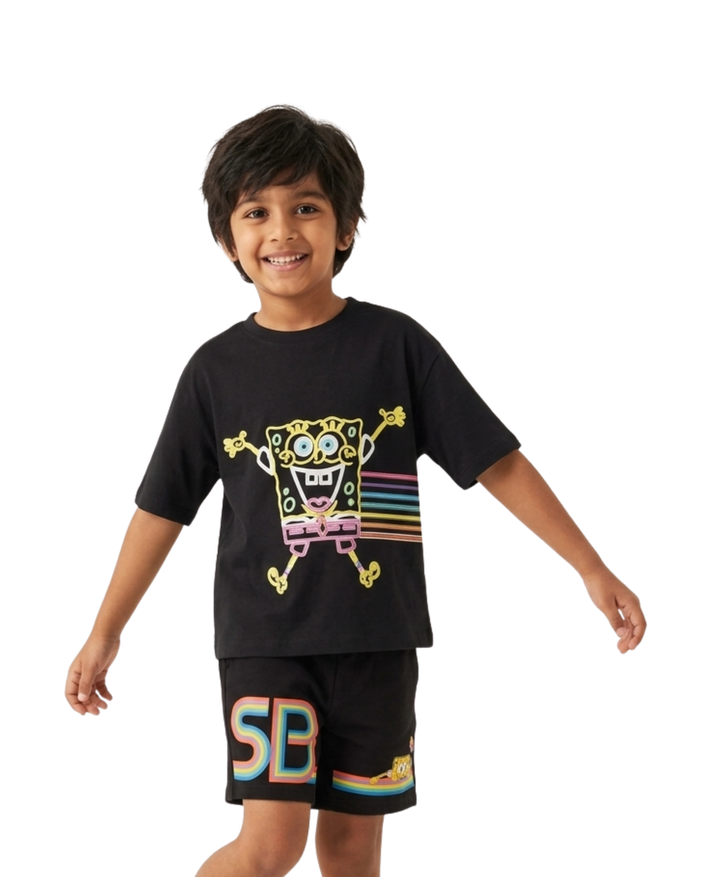 Black SpongeBob Neon Graphic Kids T- Shirt and Shorts Set