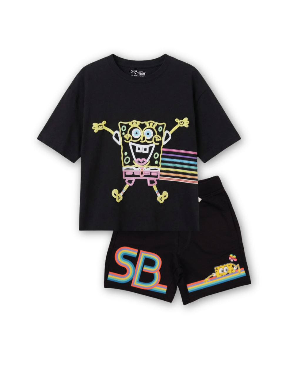 Black SpongeBob Neon Graphic Kids T- Shirt and Shorts Set