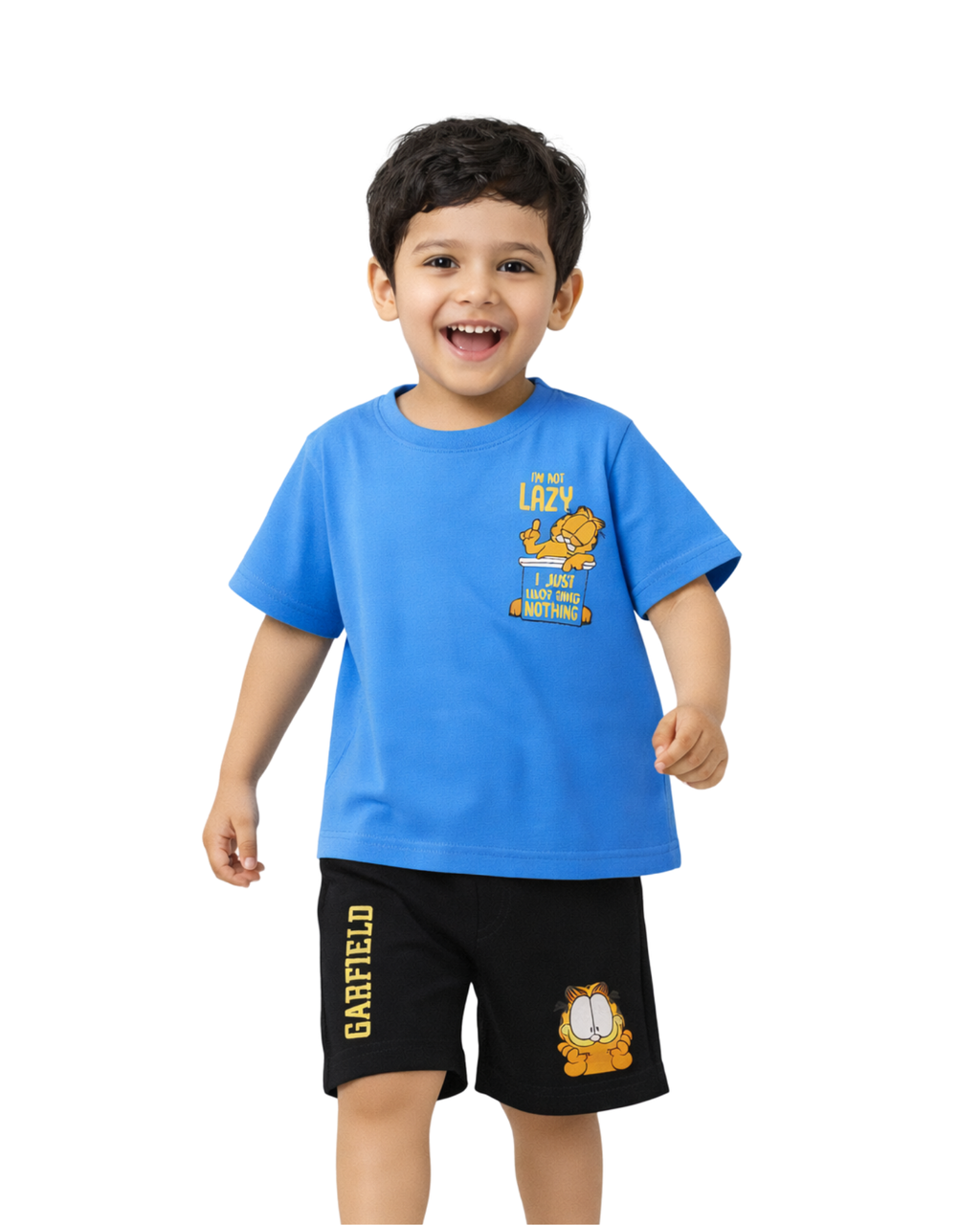 Blue “I’m Not Lazy” Garfield Kids T- Shirt and Shorts Set