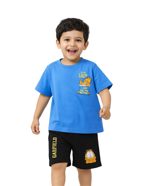 Blue “I’m Not Lazy” Garfield Kids T- Shirt and Shorts Set