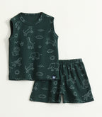 Dark Green Safari Animal Print Kids Lounge Wear Set