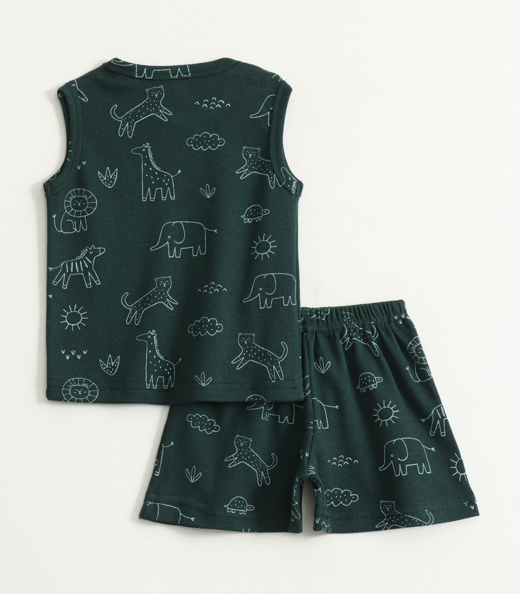 Dark Green Safari Animal Print Kids Lounge Wear Set