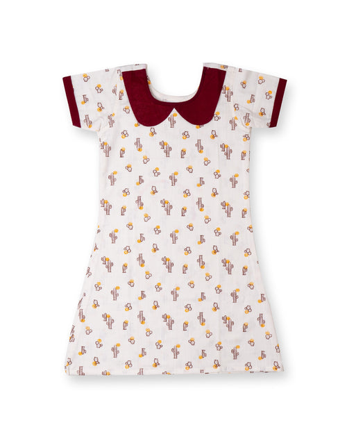 Cactus Printed Half White Girls Cotton A-line Dress