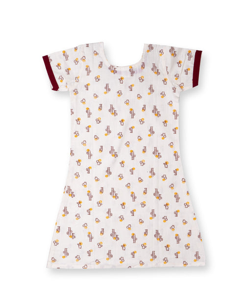 Cactus Printed Half White Girls Cotton A-line Dress