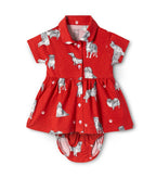Dogs Printed Red Girls Cotton Frock with Panty