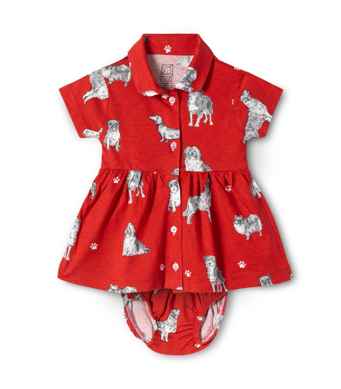 Dogs Printed Red Girls Cotton Frock with Panty