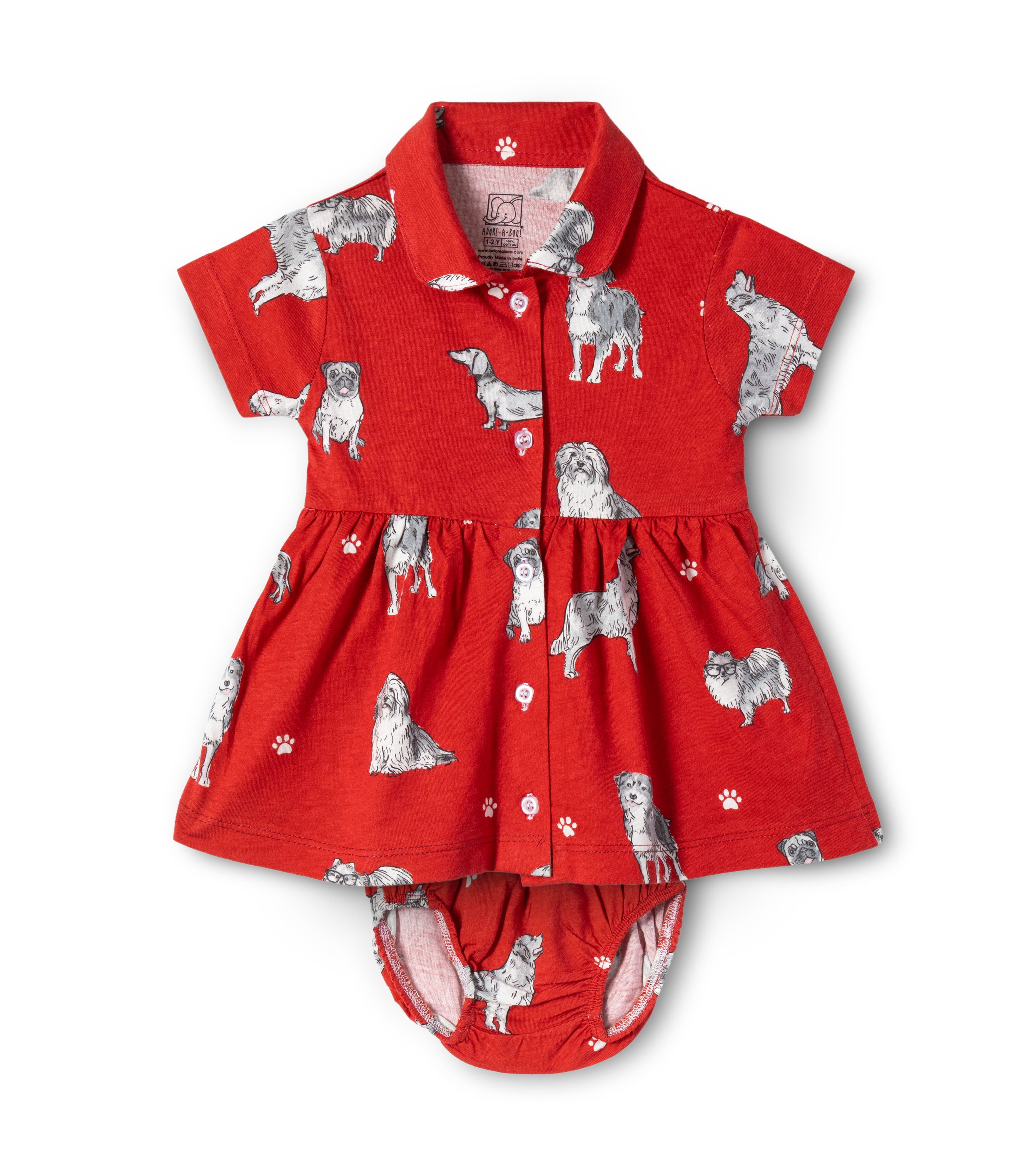Dogs Printed Red Girls Cotton Frock with Panty