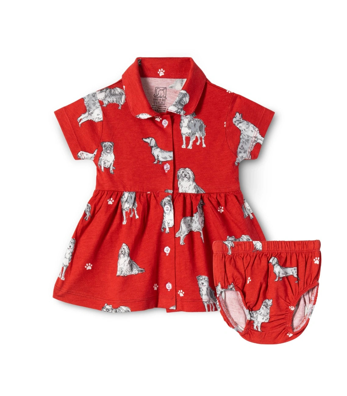 Dogs Printed Red Girls Cotton Frock with Panty
