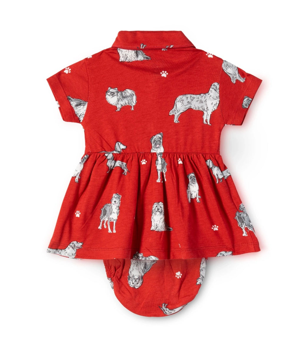 Dogs Printed Red Girls Cotton Frock with Panty