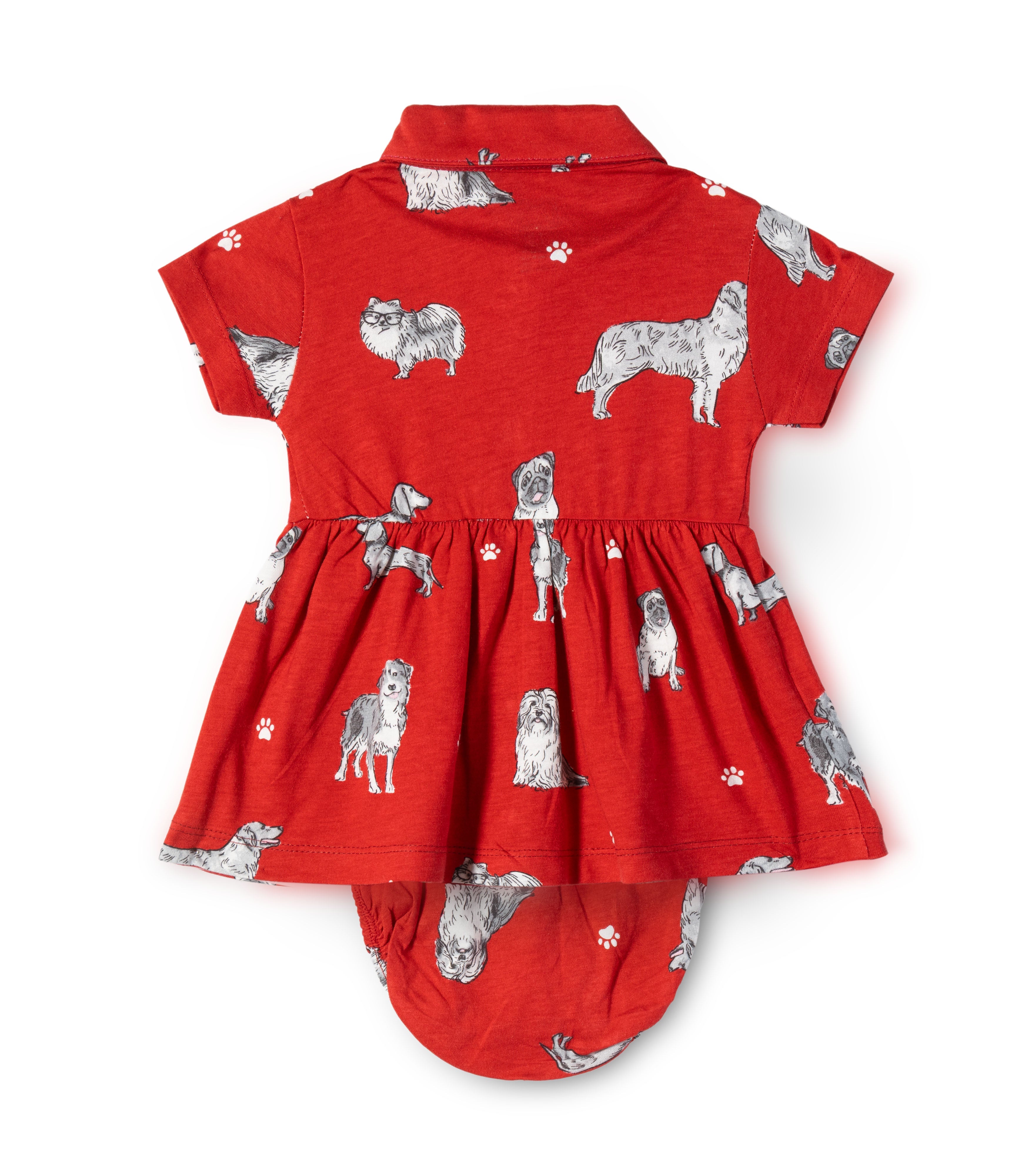 Dogs Printed Red Girls Cotton Frock with Panty