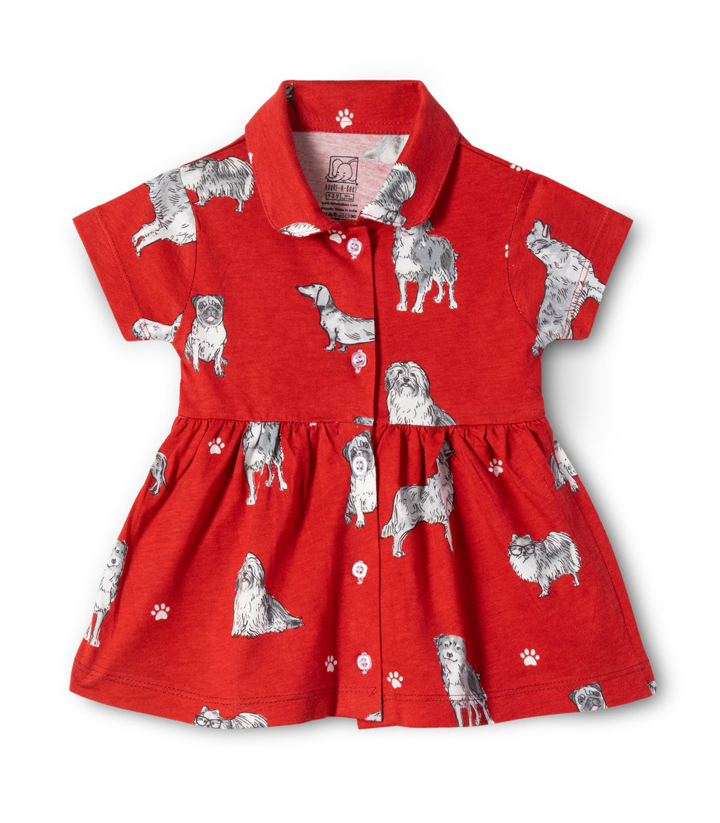 Dogs Printed Red Girls Cotton Frock with Panty