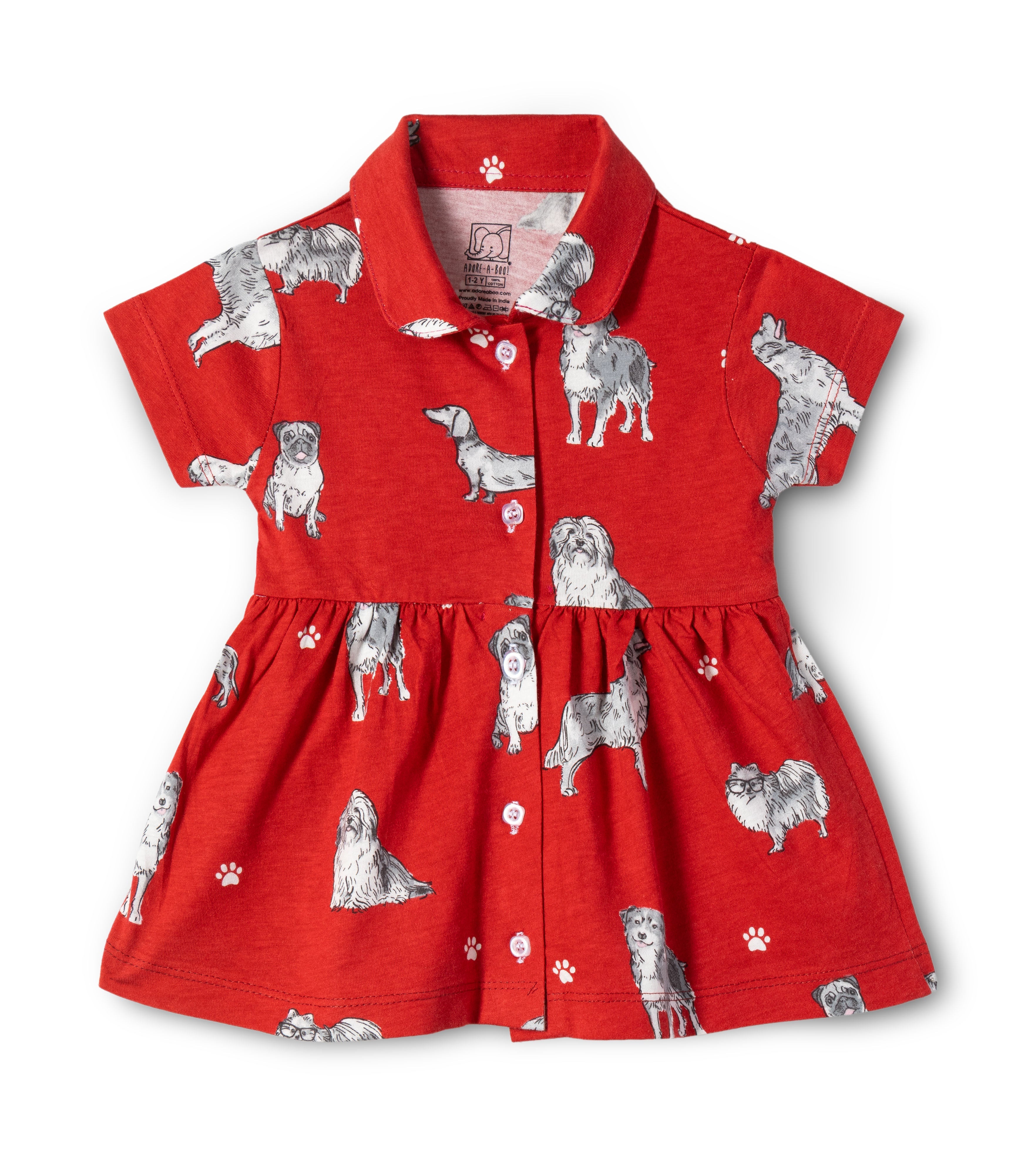 Dogs Printed Red Girls Cotton Frock with Panty