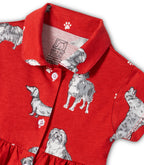 Dogs Printed Red Girls Cotton Frock with Panty