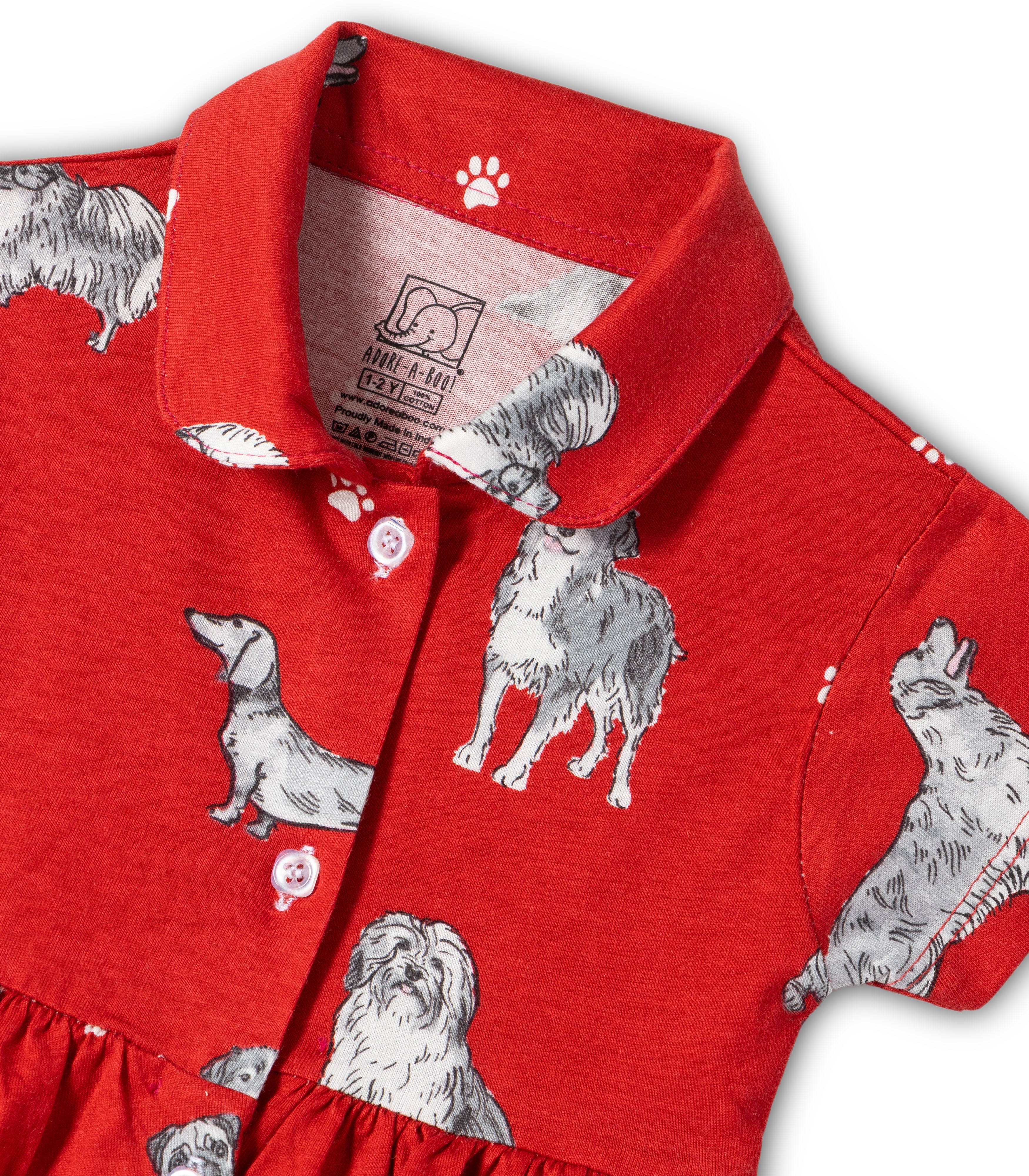 Dogs Printed Red Girls Cotton Frock with Panty
