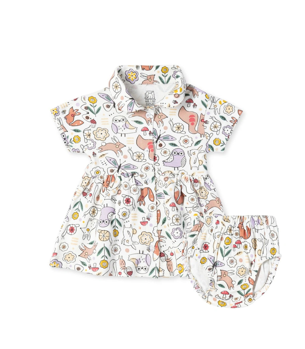 Woodland Animals Printed White Girls Cotton Frock with Panty