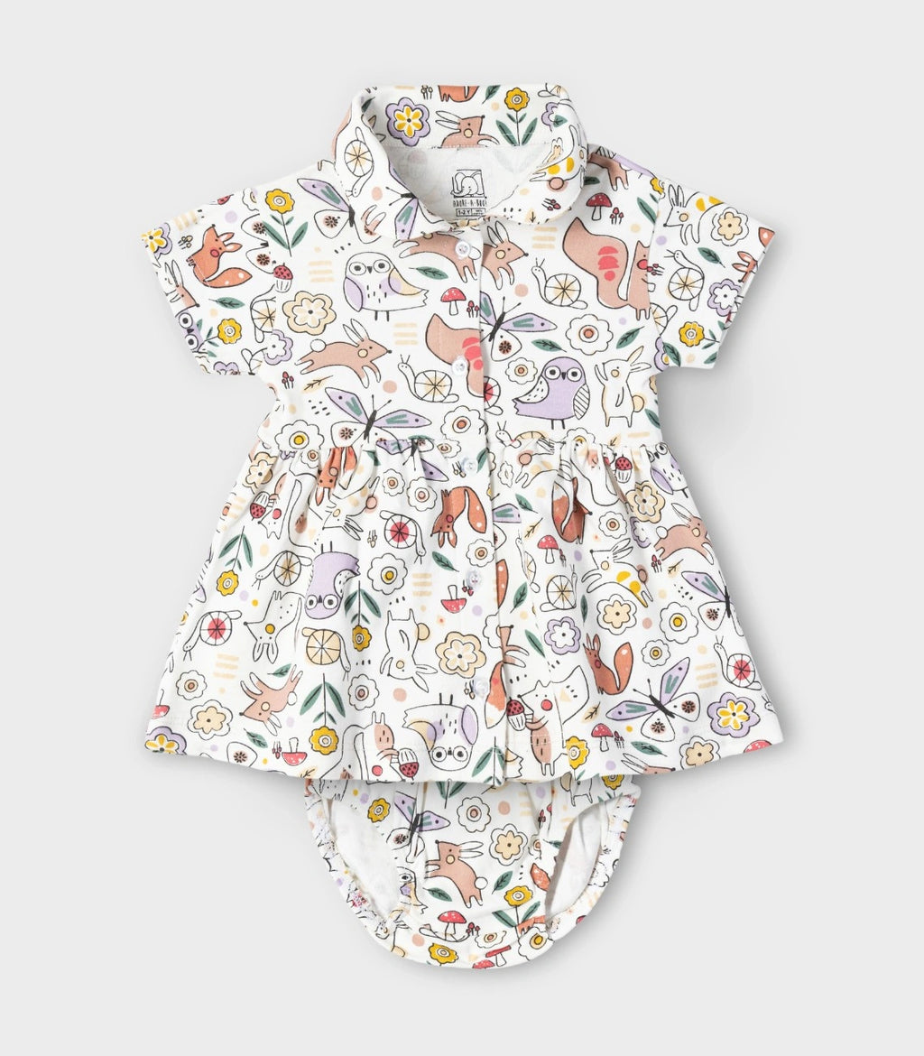 Woodland Animals Printed White Girls Cotton Frock with Panty