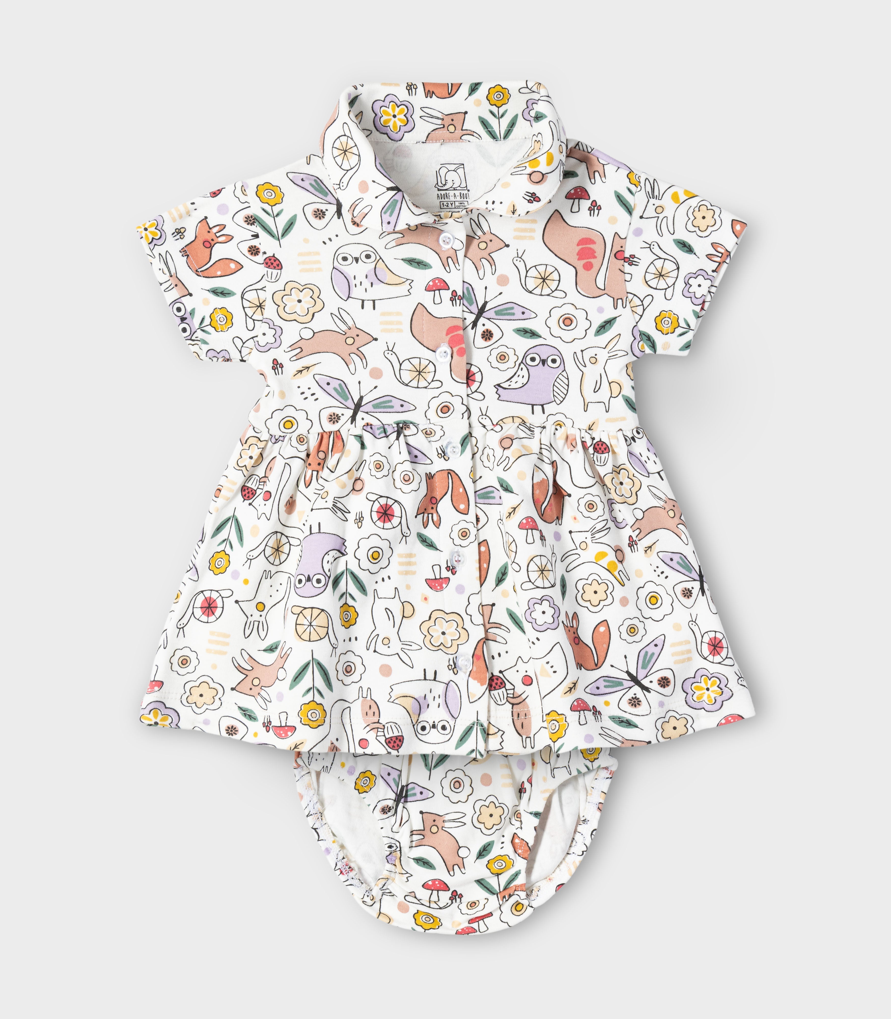Woodland Animals Printed White Girls Cotton Frock with Panty