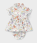 Woodland Animals Printed White Girls Cotton Frock with Panty