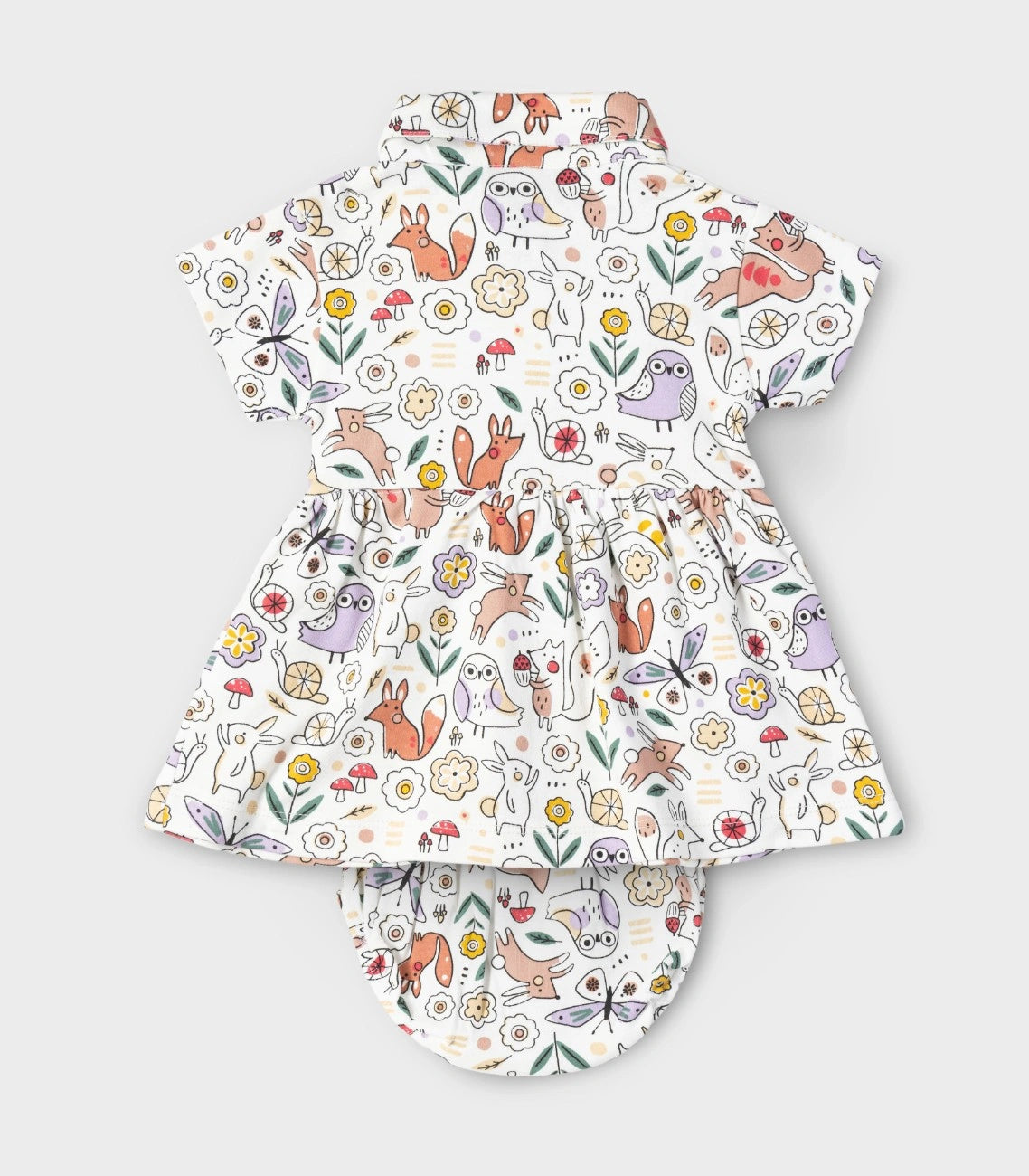 Woodland Animals Printed White Girls Cotton Frock with Panty