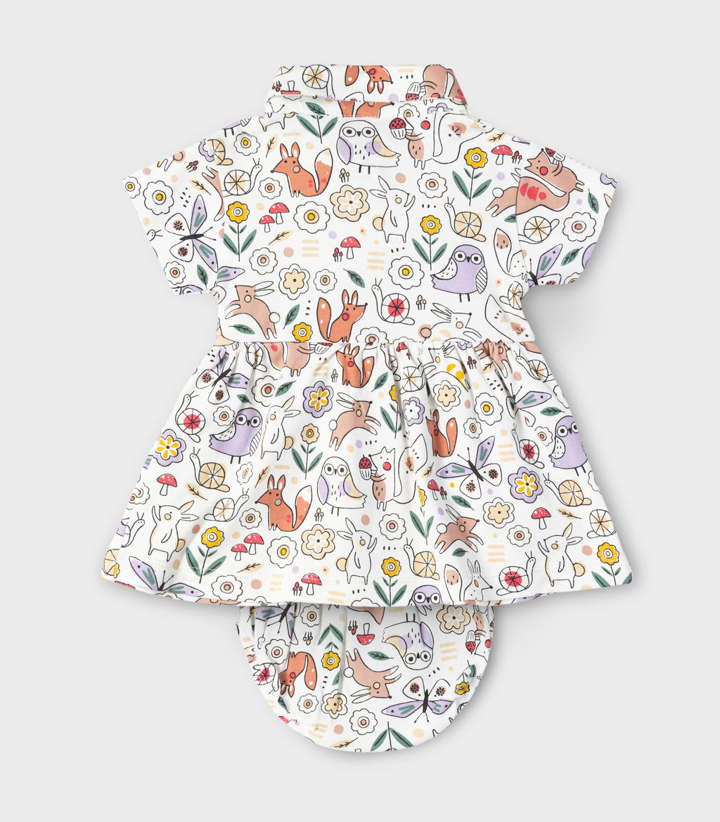 Woodland Animals Printed White Girls Cotton Frock with Panty