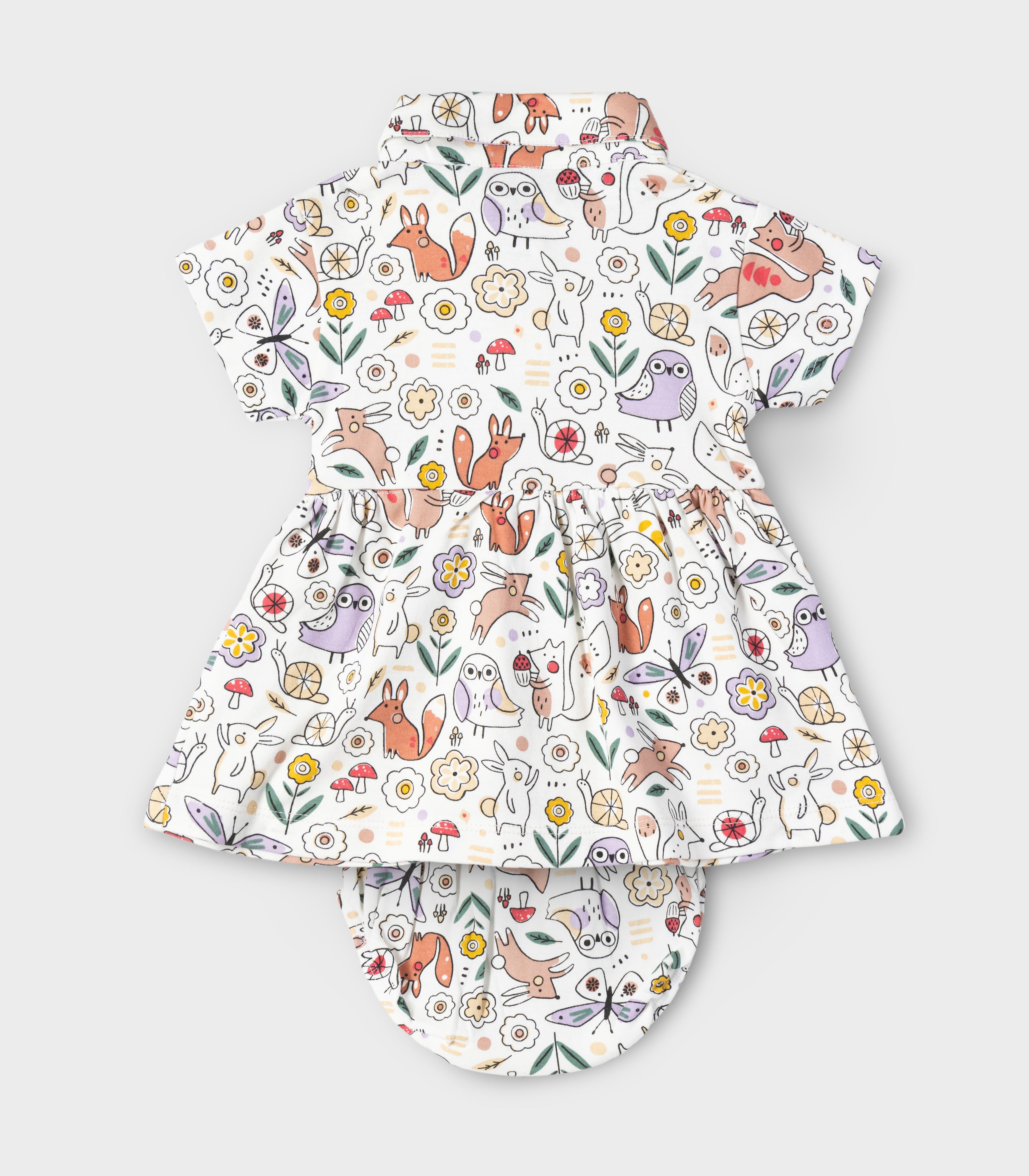 Woodland Animals Printed White Girls Cotton Frock with Panty