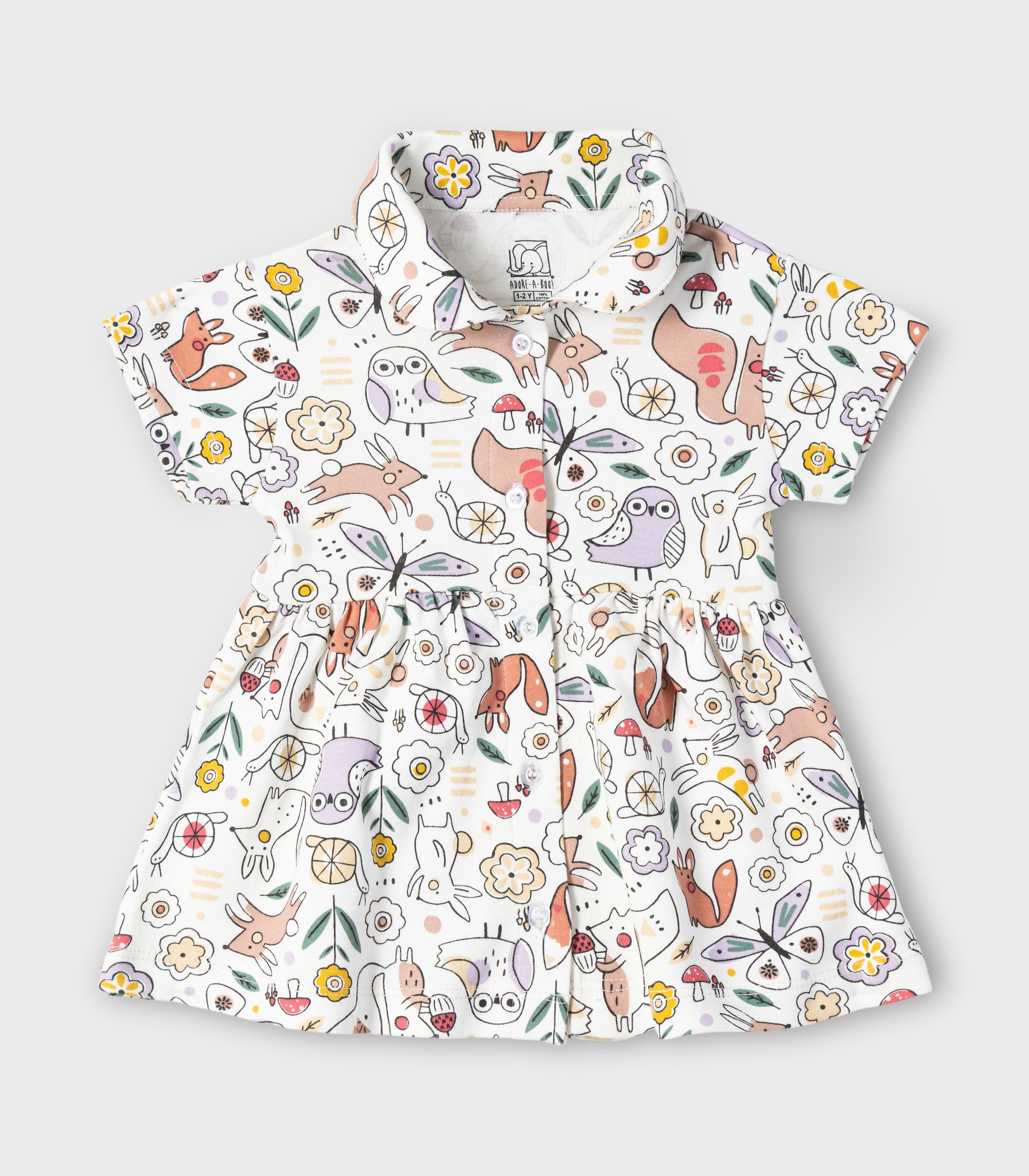 Woodland Animals Printed White Girls Cotton Frock with Panty