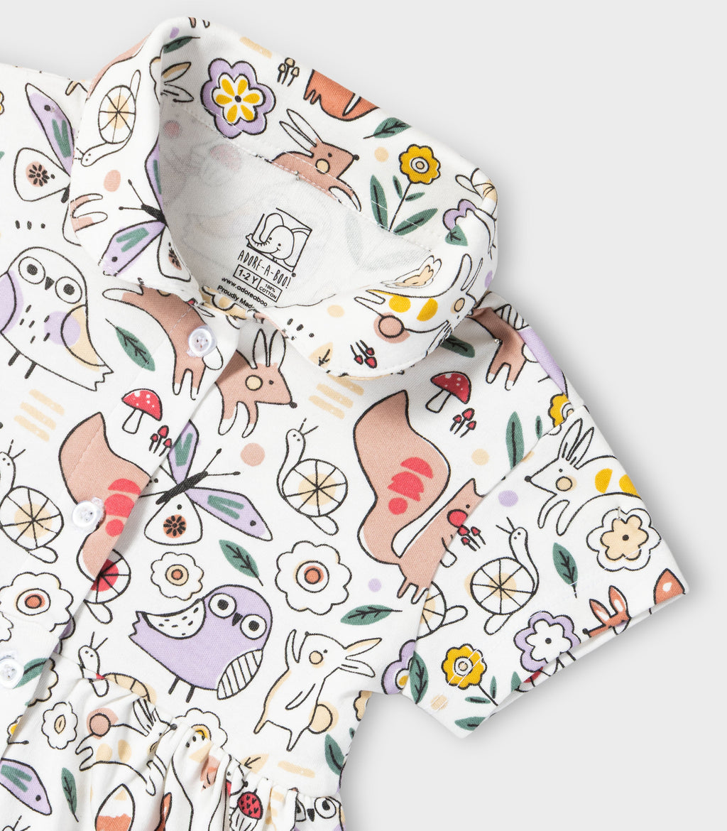 Woodland Animals Printed White Girls Cotton Frock with Panty