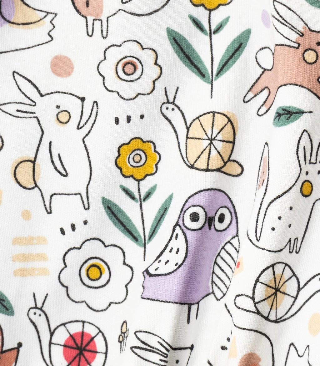 Woodland Animals Printed White Girls Cotton Frock with Panty