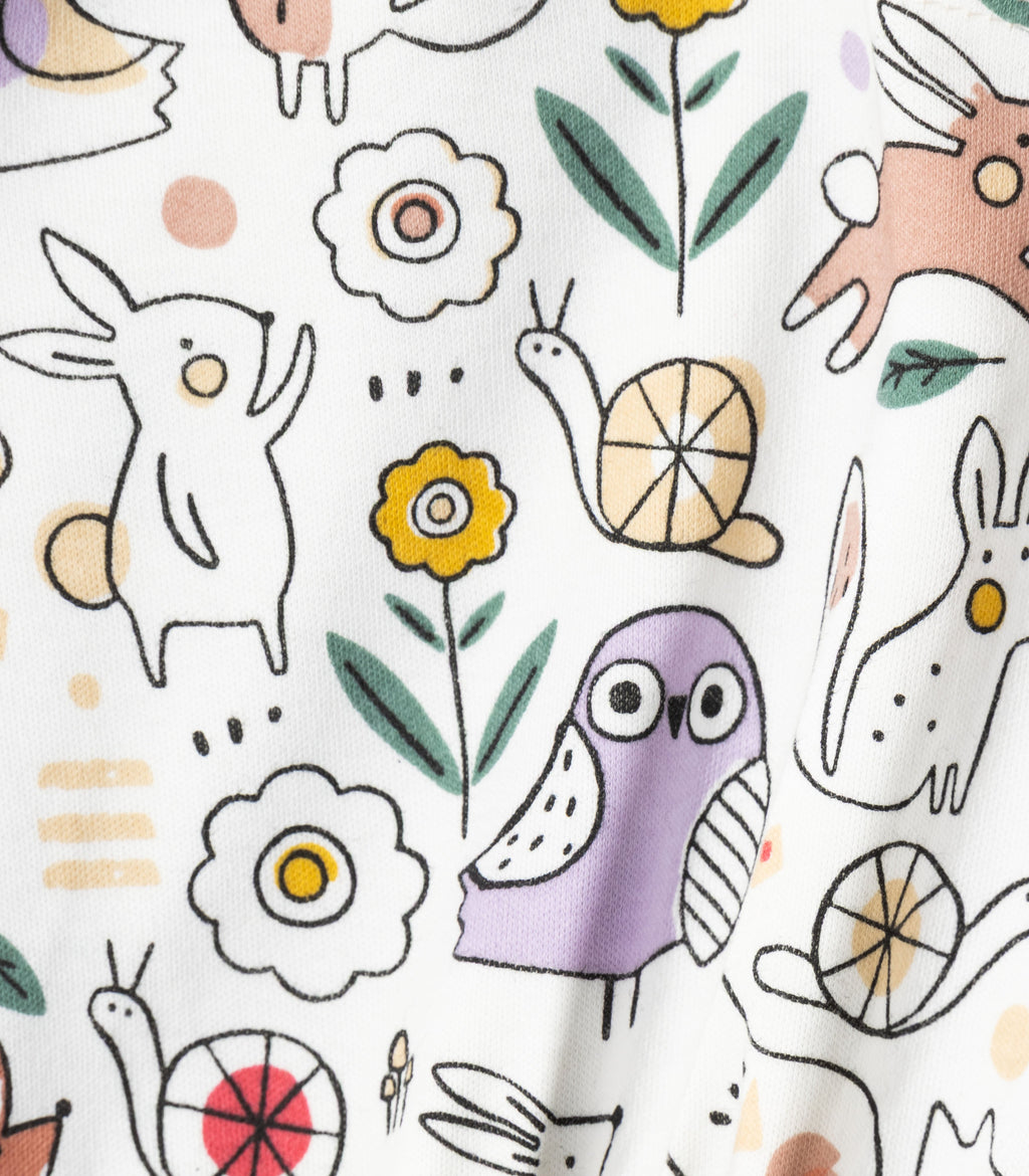 Woodland Animals Printed White Girls Cotton Frock with Panty