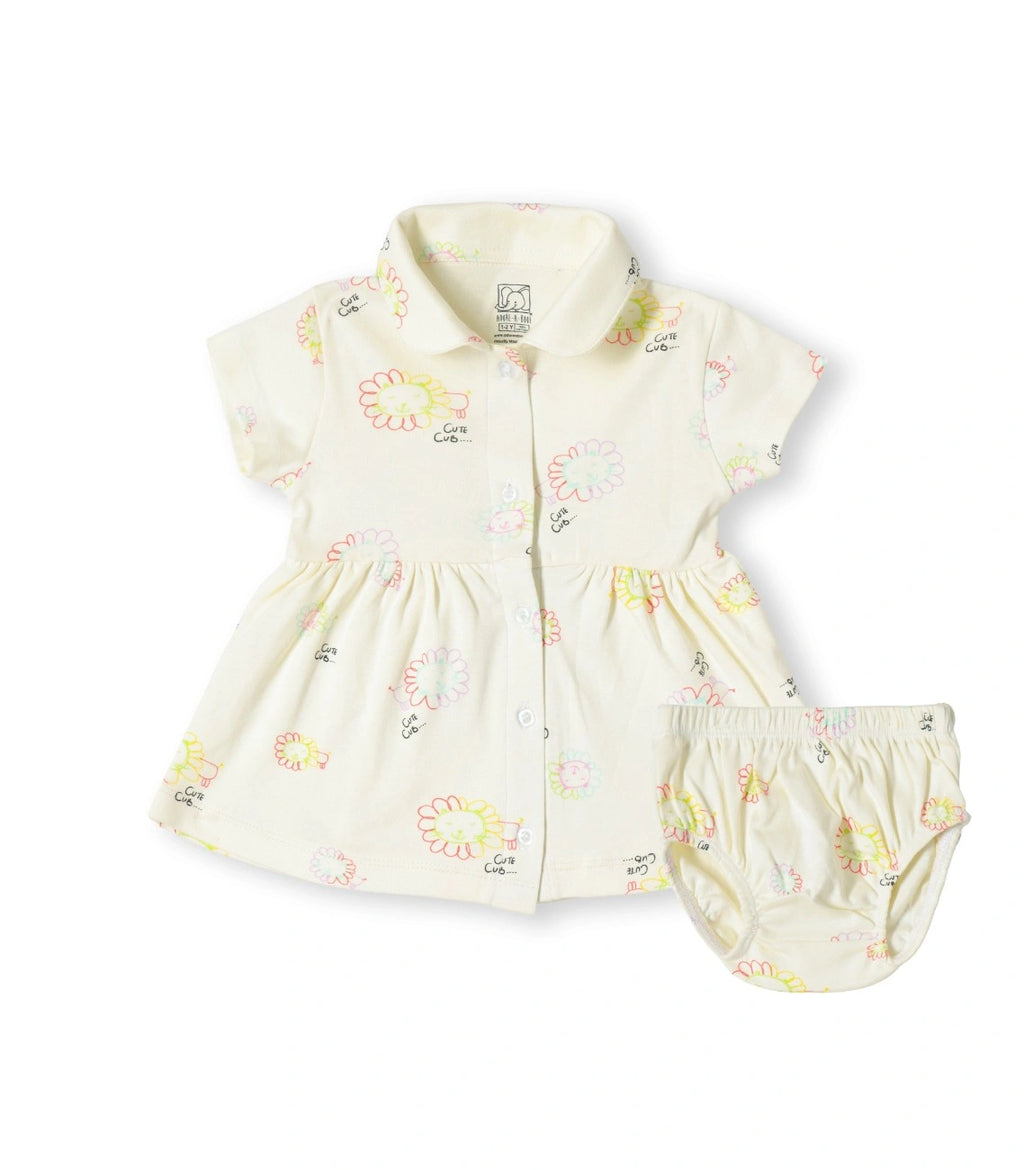 Cute Cub Printed Cream Girls Cotton Frock with Panty