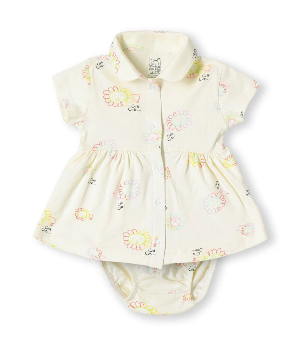 Cute Cub Printed Cream Girls Cotton Frock with Panty